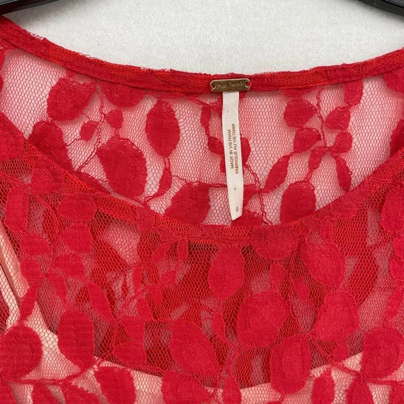 Free People A-Line Dress Women's Sz 0 Red Floral Embroidered Mesh Lace Pleated - Picture 7 of 10